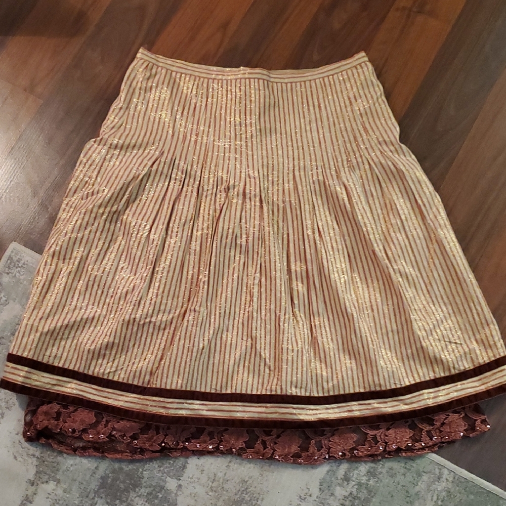 NAK Gold and Brown Striped A-Line Skirt With Lace Peeks A Boo